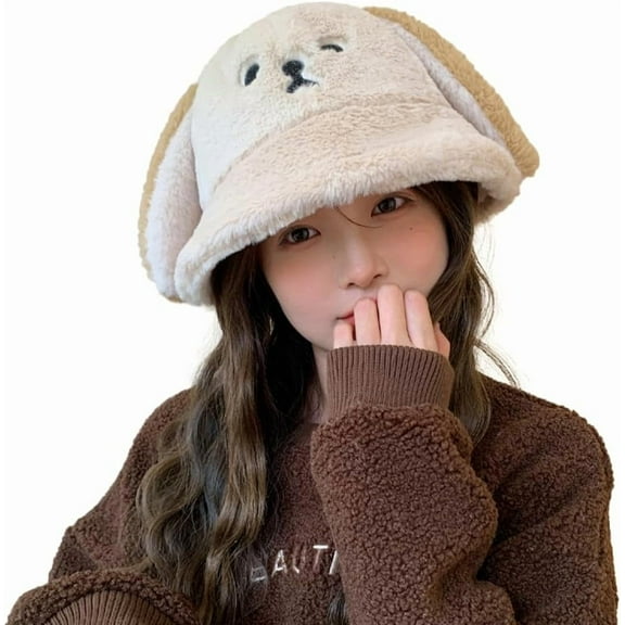 Fuzzy Bucket Hat for Women Cute Puppy Fisherman Cap Soft Plush Trapper Hat Winter Warm Bucket Hats Puppy Beanie Hat
