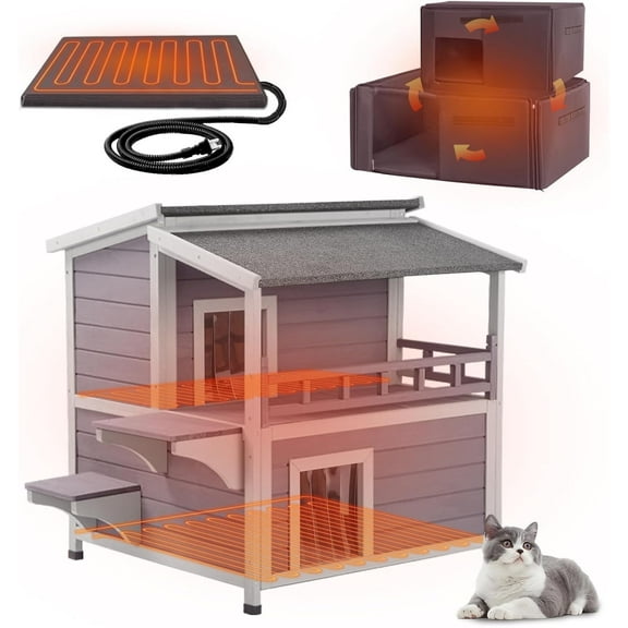 Aivituvin 2 Story Heated Cat House for Outside Outdoor Cat House Insulated Weatherproof Feral Cat Shelter with Heated Pad, Insulated All-Round Thermal Liner, Chewproof Cable for 1-4 Cats in Winter