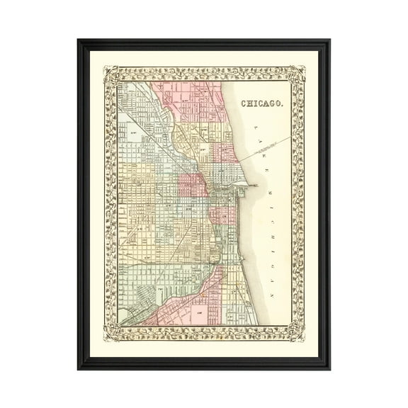Chicago Art, 1870 Vintage Map of Chicago Illinois, IL History Wall Decor Gift, Old Chicago Map - 18" x 24" Black Framed Print