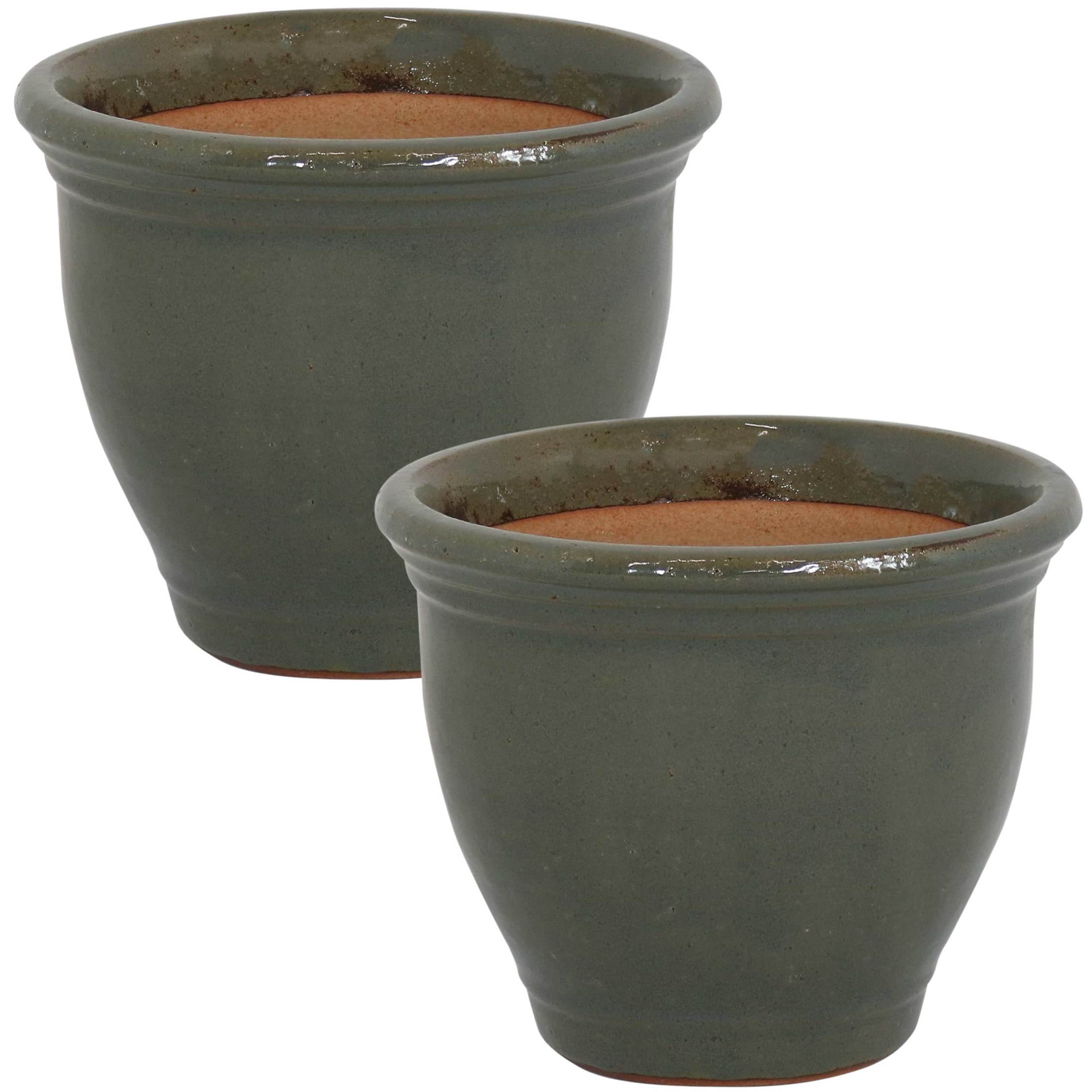 Sunnydaze Studio 9" x 9" x 7.5" Round Gray Ceramic Outdoor Planter 2-Count