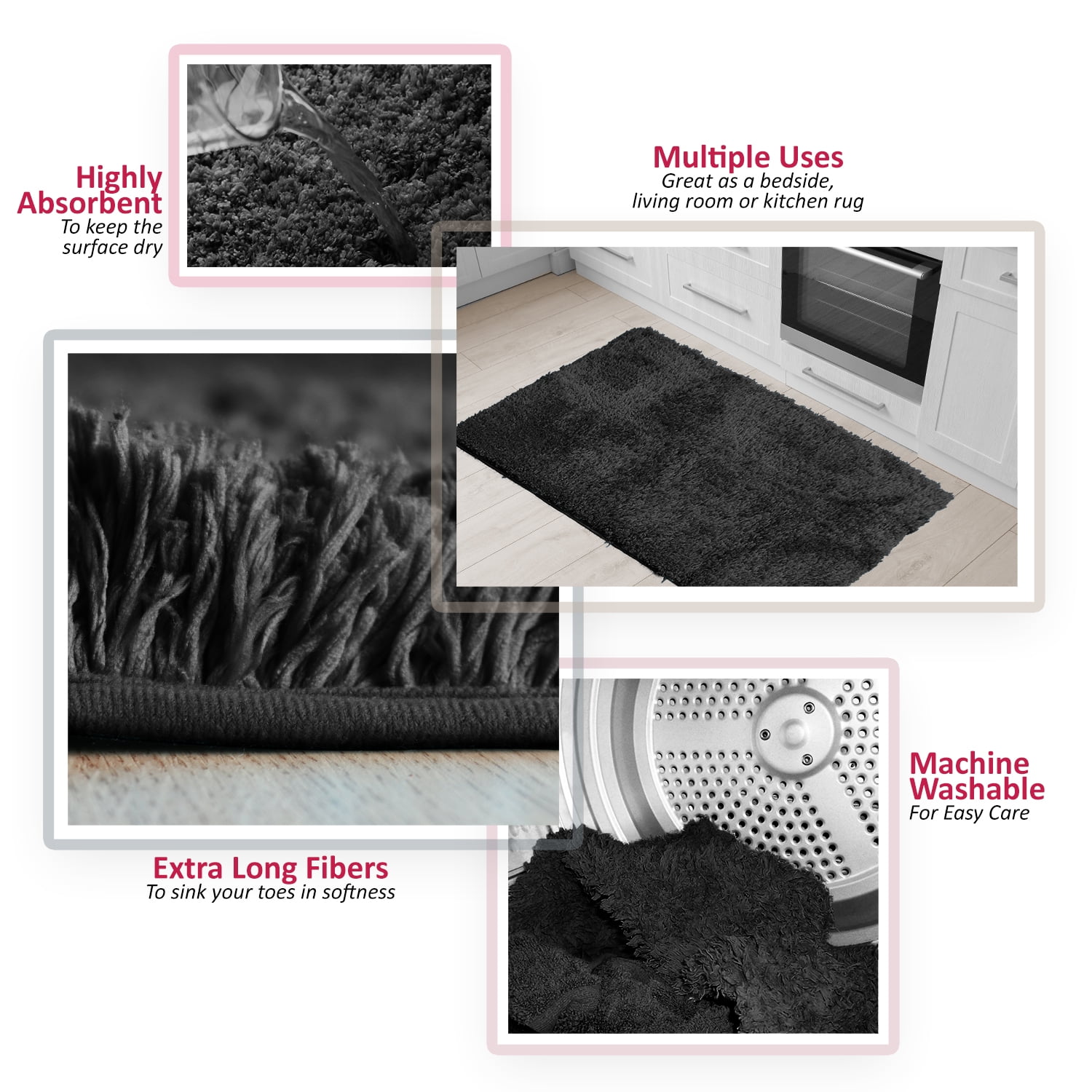 Clara Clark Set of 3 Absorbent Bath Mat Non-Slip Backing Rubber Bathroom Rugs, Large, 32x48, Black