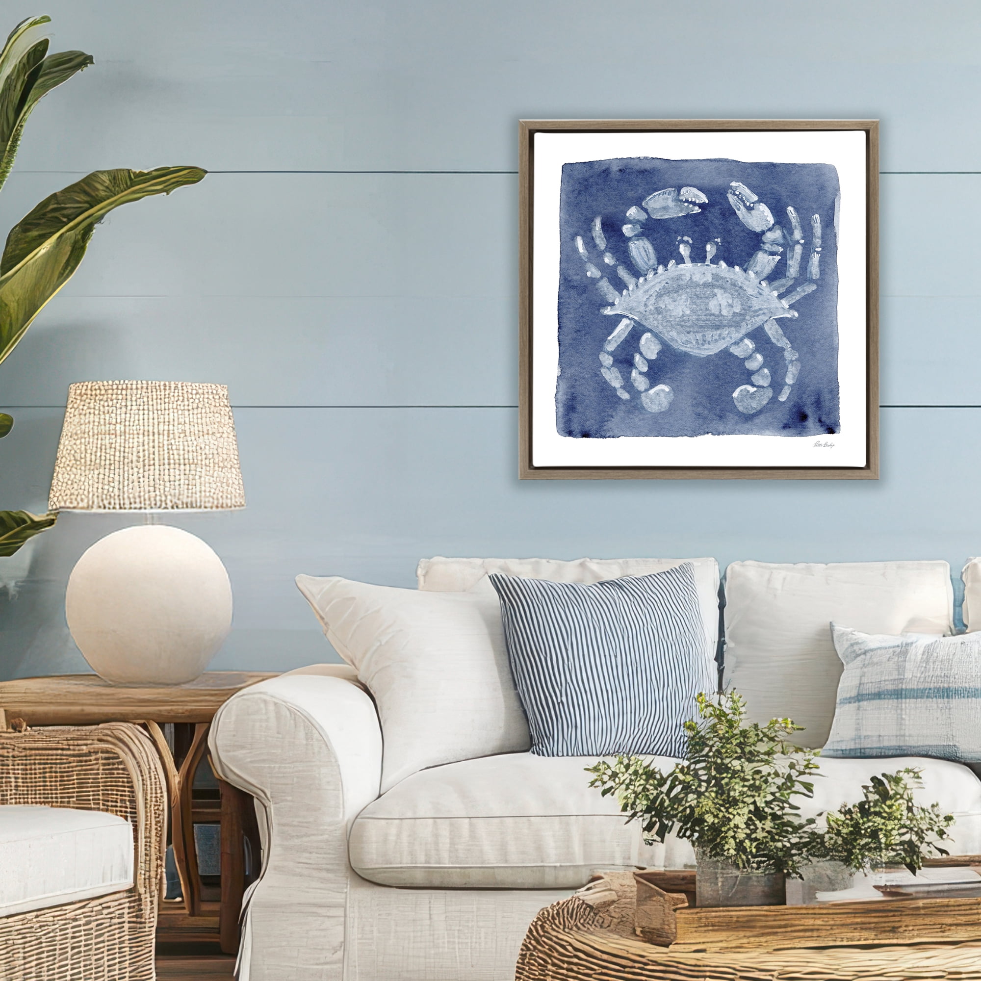 Stupell Industries White Crab on Indigo Brown Framed Floater Canvas Wall Art, design by Patti Bishop