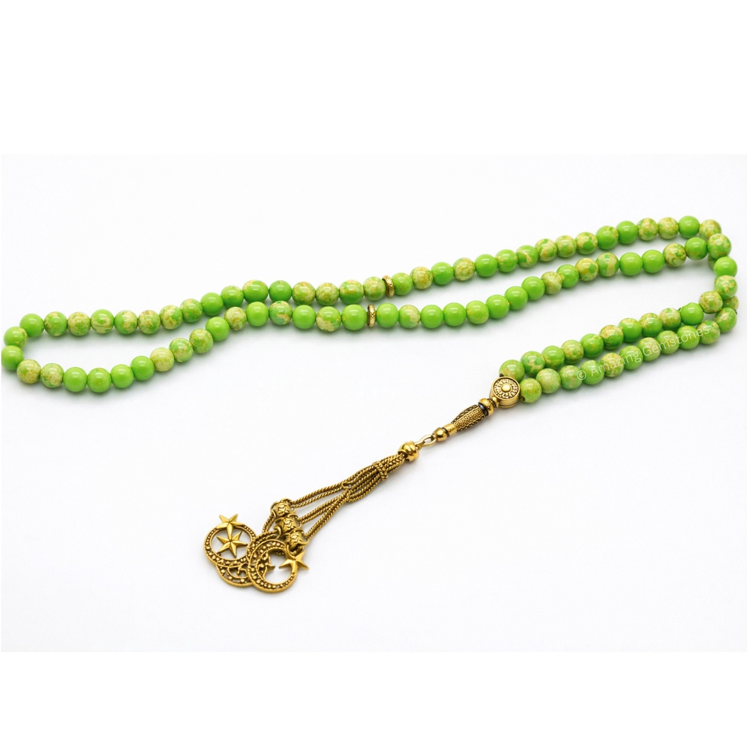 Green Turquoise Crystal Tasbeeh Prayer Beads, Muslim Islamic Tasbih for Dhikr, Namaz and Ramadan Gift (Golden)