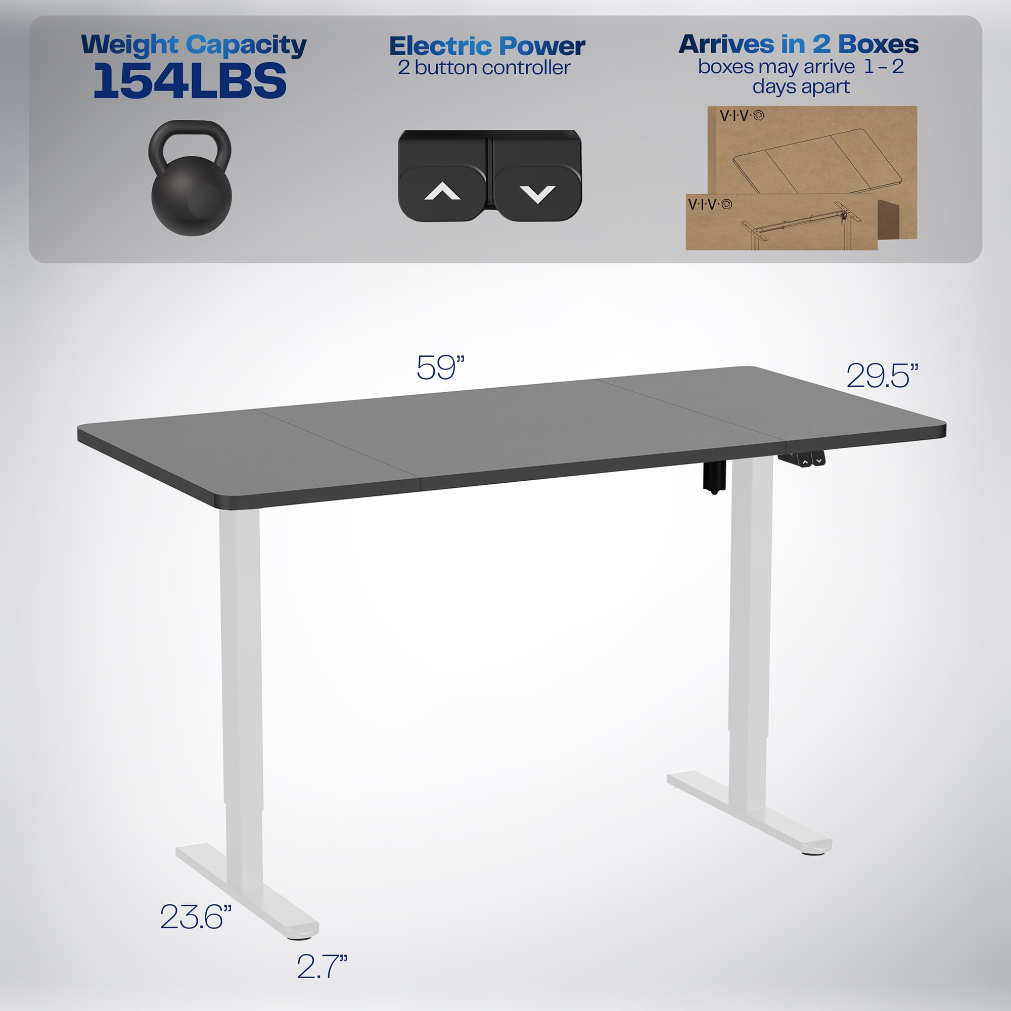 VIVO Electric 60” x 30” Stand Up Desk, Black Table Top, White Frame