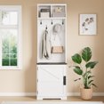 thumbnail image 5 of Space-Saving Farmhouse Hall Tree with Shoe Storage - 23.6" Narrow Entryway Bench, 5 Coat Hooks, 2 Open Cubbies, Barn Door - Small Coat Rack Cabinet for Hallway, Living Room, Mudroom - White, 5 of 8