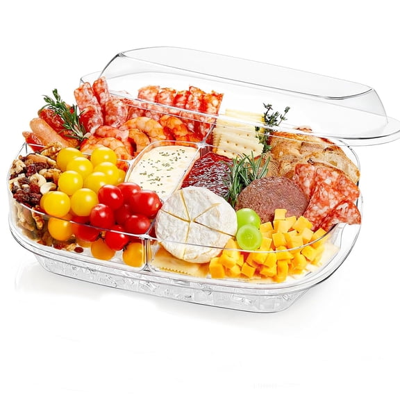 Chilled Serving Tray for Parties, 15” Divided Shrimp Cocktail Serving Dish with Lid, Plastic Taco Bar Platter, Ice Serving Bowl for Veggie, Fruit, Salad, Mimosa Bar Supplies in Party/Buffet