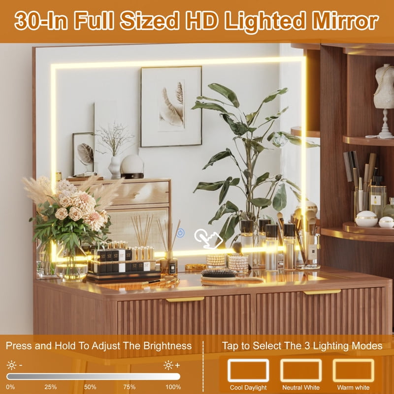 41.7" Fluted Makeup Vanity Desk with Large 30" Mirror and Rotating Cabinet, Modern Glass Top Big Vanity Table with 4 Drawers & Lights, Dressing Table Set Charging Station for Bedroom