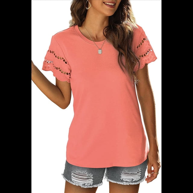 Camisetas de Corta con Encaje para Mujer, Blusas de Verano, Camisetas Informales Holgadas. Naranja Rojo L