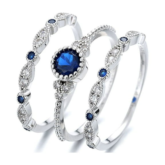 14K White Gold Plated Sapphire Bezel French Miligrain Ring Set