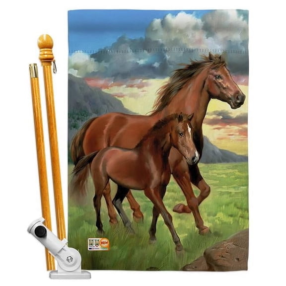 Breeze Decor BD-FA-HS-110066-IP-BO-D-US13-AL 28 x 40 in. Americana Horse Nature Farm Animals Impressions Decorative Vertical Double Sided House Flag Set with Pole Bracket & Hardware