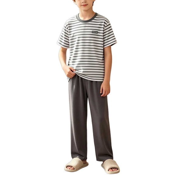 Khunlpohl 2 Piece Sets for Boys Striped Short Sleeve Shirts and Pants Loungewear Outfits Set 5-15 Years