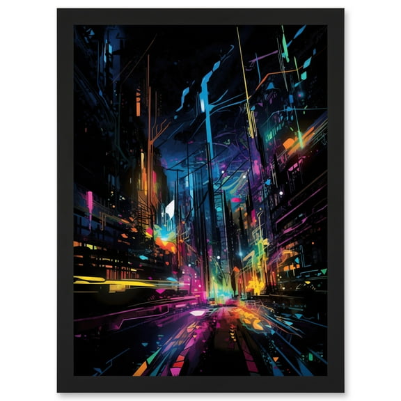 New York City at Night Modern Abstract Neon Contrast Painting Artwork Framed Wall Art Print A4