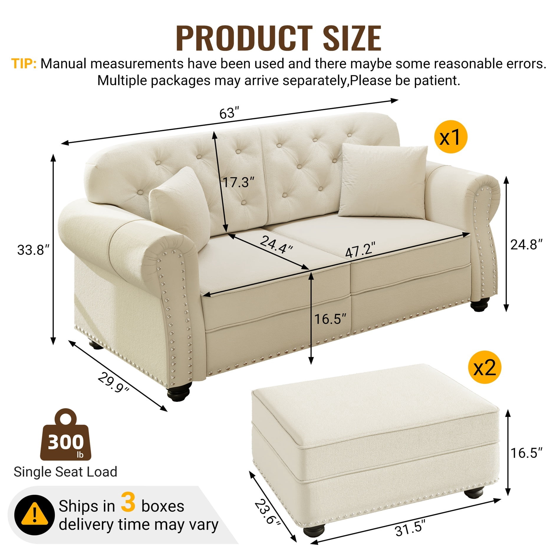 Alvantor 63" Loveseat sofa with Ottman, Upholstered Velvet Couch with Nailhead Trim and Rolled Armrests, Mid-Century Modern Sofa for Living Room Beige