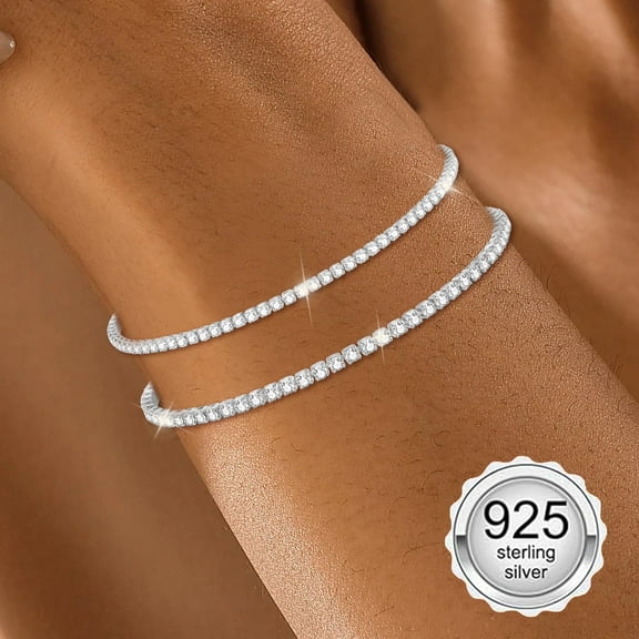 VIDONIO 2-Piece Bracelet Set for Women, Stackable Bracelet in 925 Silver, Adjustable Zirconia Tennis Bracelet Set, Diamond Bracelet, Adjustable Paperclip Fishbone Bracelets