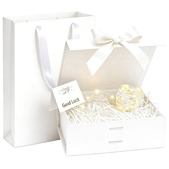 5-in-1 White Luxury Gift Box with Lid and Ribbon 9 x 7 x 3'' Mother's Day Gift Box with Light String and Greeting Card Tissue Paper for Father's Day Wedding Birthday Party Present Supplies