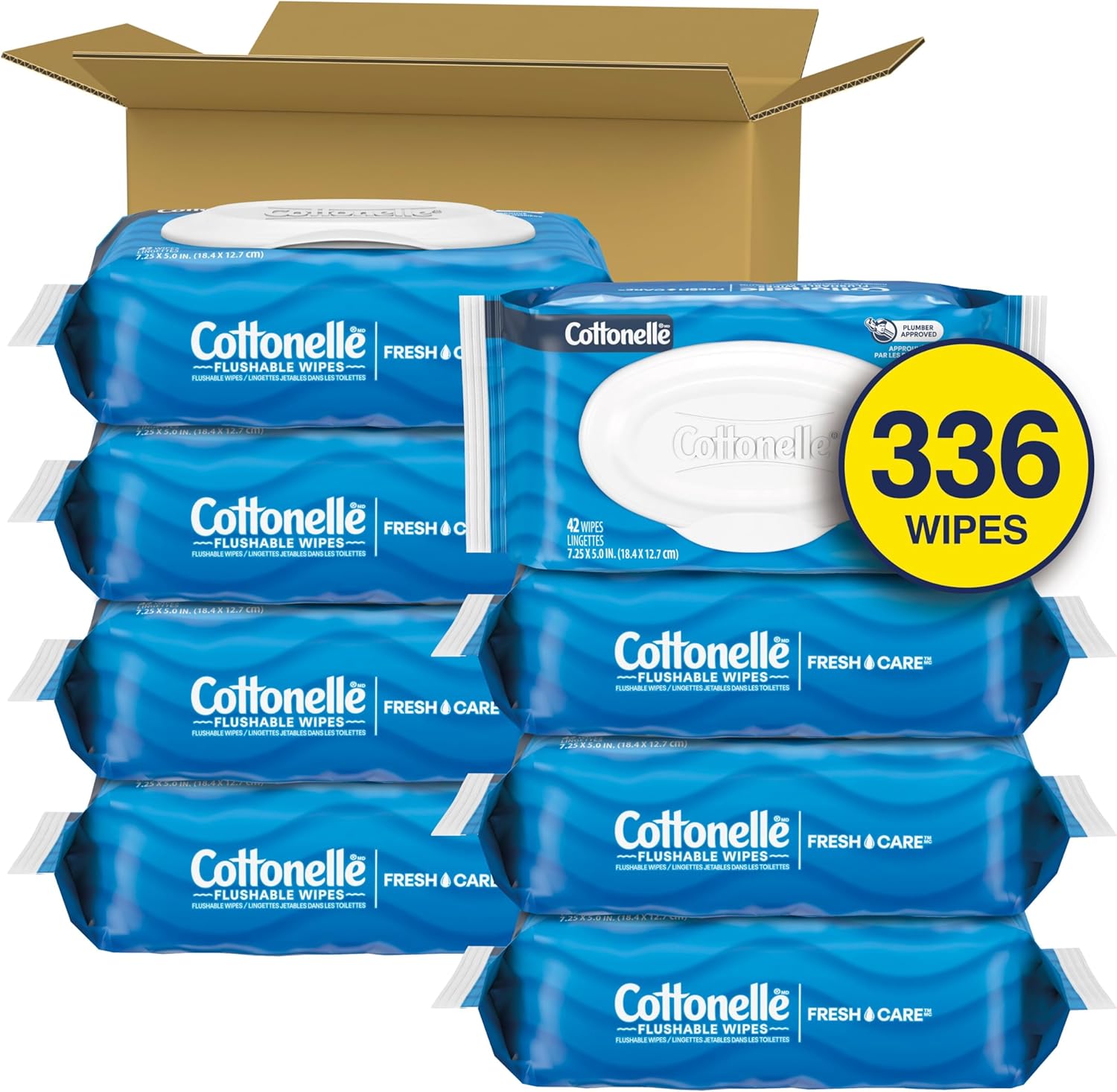 Fresh Feel Flushable Wet Wipes, Adult Wet Wipes, 8 Flip-Top Packs, 42 Wipes Per Pack (336 Total Wipes), Packaging May Vary