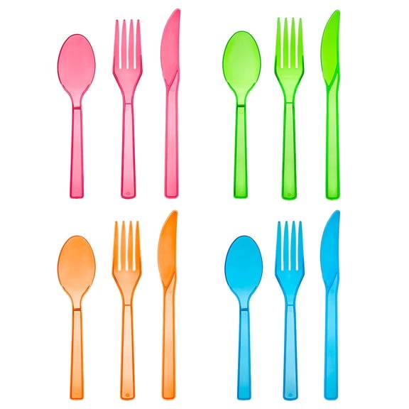 144 Count Disposable Plastic Cutlery Combo Pack, 48 Complete Place Settings, Assorted Neon Bright Colored Utensils