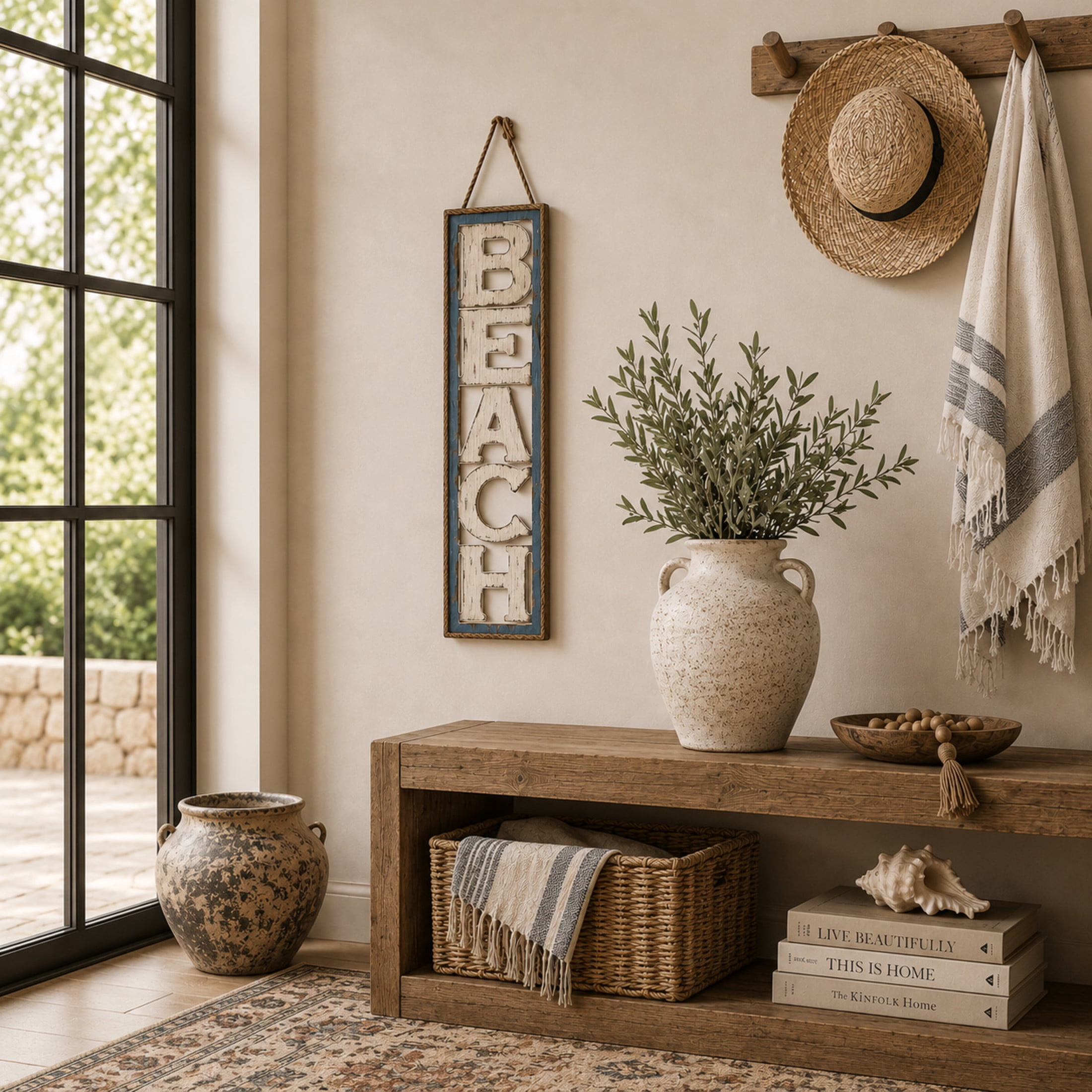 DecMode Beige Wooden Beach Sign Wall Decor with Rope Hanger