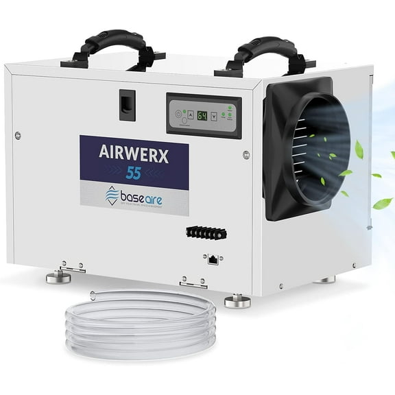 BaseAire Basement Crawl Space Dehumidifier 113 Pint with Continuous Drain Hose, Compact Commercial Industrial Home Dehumidifiers for Crawlspace Garage Attic Whole House