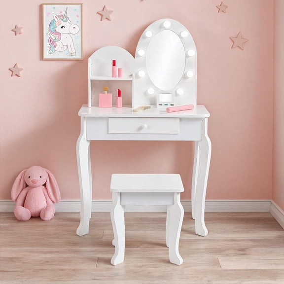Vanity Table Set with Lighted Mirror and Stool, Wooden Makeup Desk with Storage, Pretend Play Vanity for Ages 4-9,White