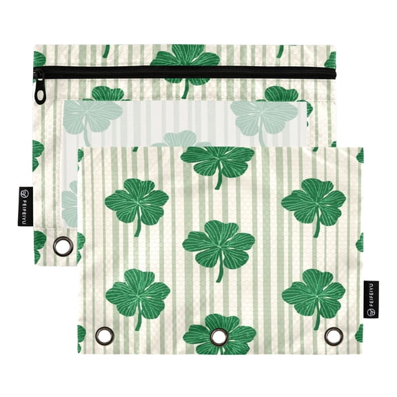 2 Pack 3 Ring Binder Pouch with Clear PVC Window Water Resistant Zipper Pencil Pouch Lucky Four-leaf Stripes Binder Pocket for Classroom Office Home Stationery Organization
