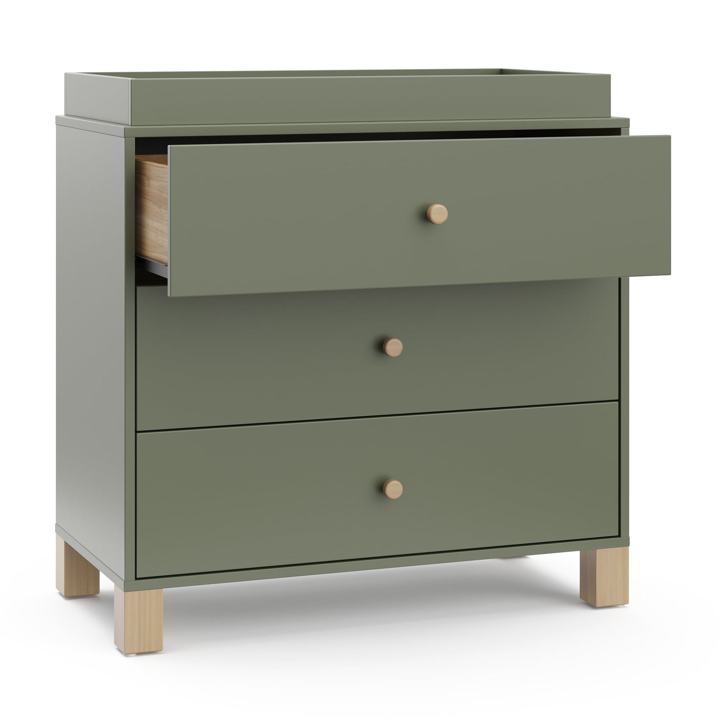 Storkcraft California 3 Drawer Dresser with Infant Changing Topper, Olive with Driftwood