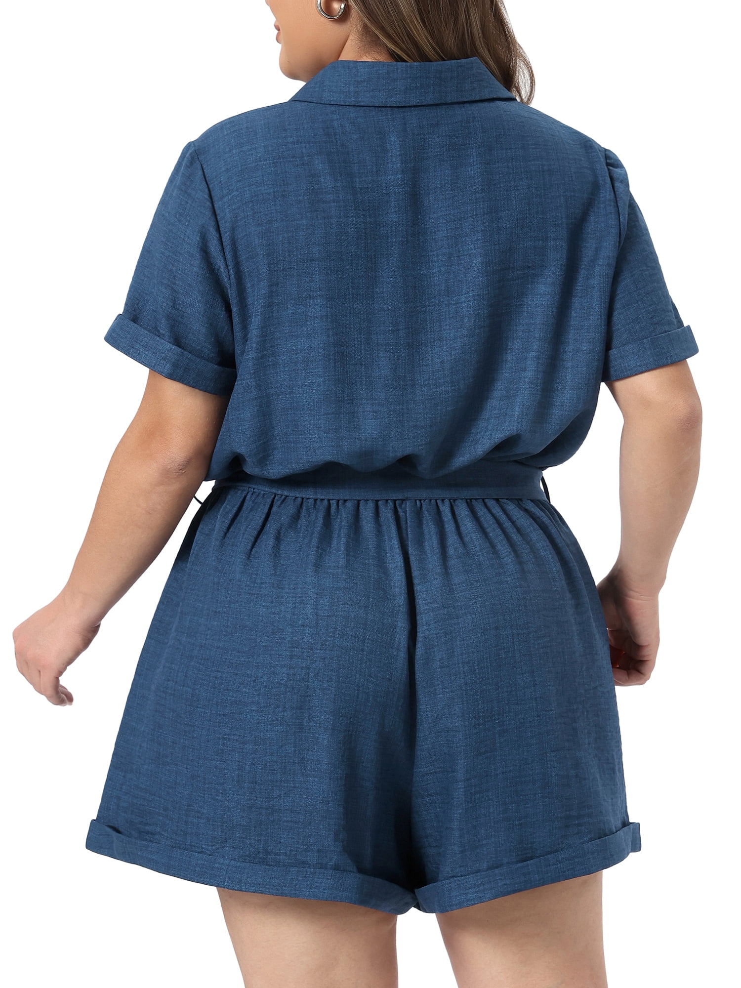 DARING DIVA Women's Plus Button Down Roll Short Sleeve Belted Jumpsuits 2X Dark Blue
