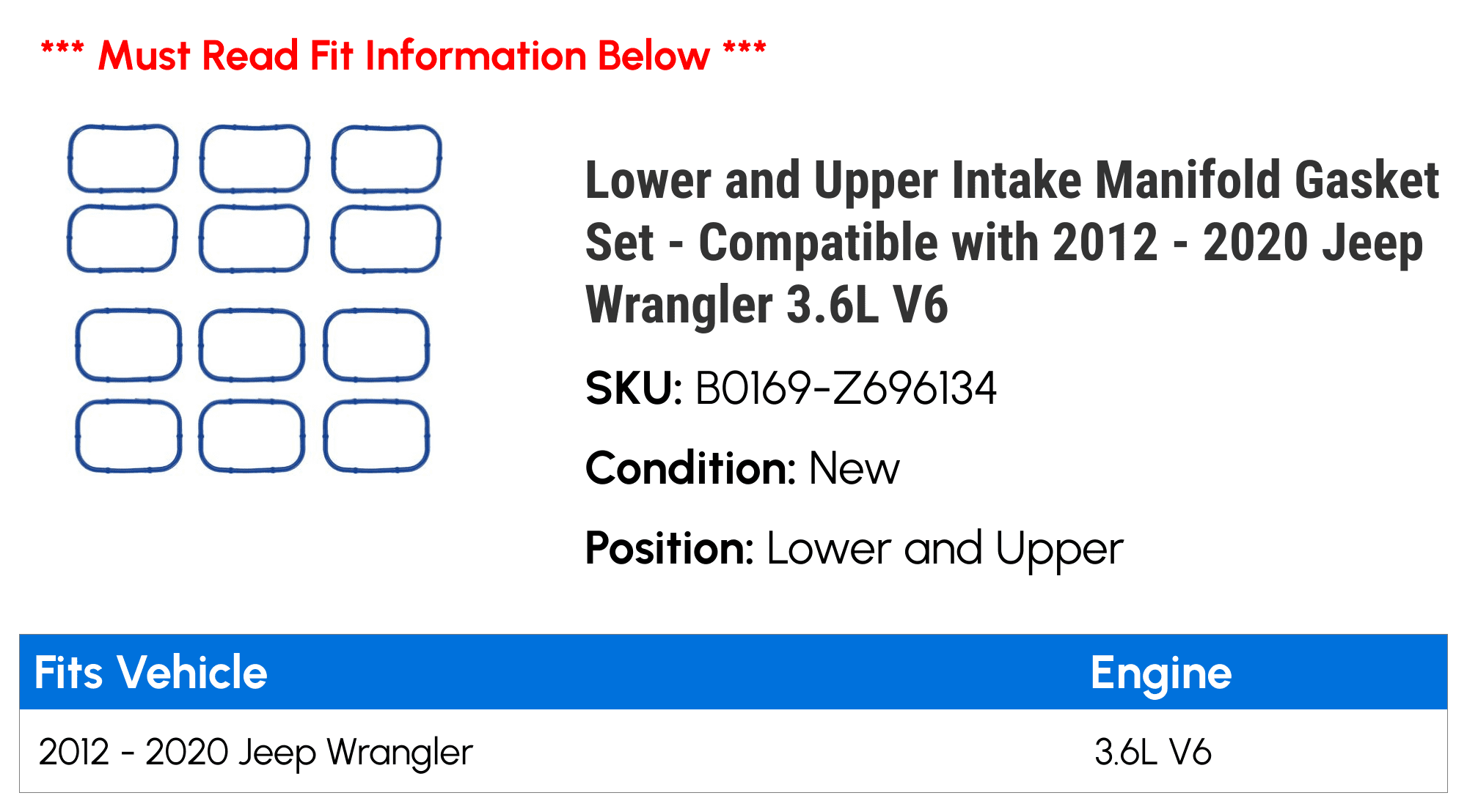 Lower and Upper Intake Manifold Gasket Set - Compatible with 2012 - 2020 Jeep Wrangler 3.6L V6 2013 2014 2015 2016 2017 2018 2019