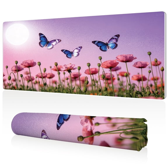 LIVEKEY XXL Mouse Pad Pink Poppy Field Blue Butterflies 80x40cm Non Slip Durable Easy Clean Stitched Edges Full Desk Coverage for Gaming Office Use