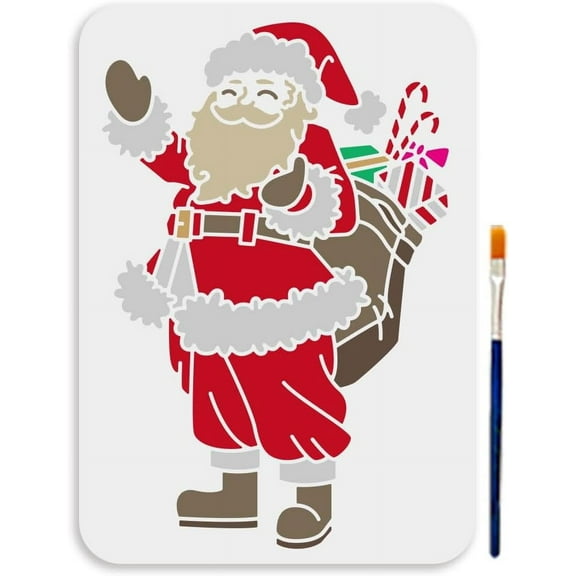 1 Set A4 Size Santa Claus Painting Stencil with Paint Brush 11.7x8.3inch Christmas Ornaments Template Reusable Winter Plastic Stencil for Wood Fabric Wall Window DIY Craft Plastic