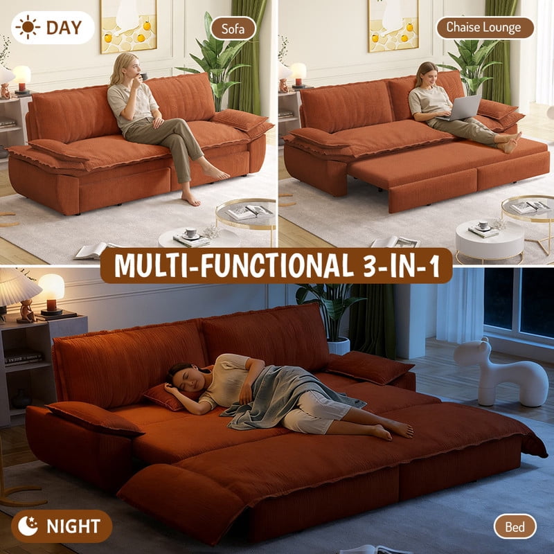 Convertible Queen Pull Out Sofa Bed, 3-in-1 Corduroy Sleeper Bed Loveseat Sofa with Cushion Armrest for Living Room, 73.2'' Futon Couch for Small Place