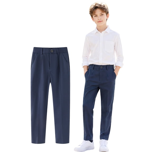 HILEELANG 1PC Big Boys Girls School Uniform Pants Navy Blue Kids Wrinkle-Free Dress Slacks Elastic Back Waist Classic Fit Pull-On Trousers for Students 8-10Years