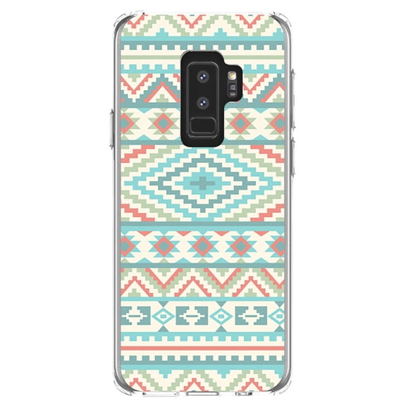 DistinctInk Clear Shockproof Hybrid Case for Samsung Galaxy S9  PLUS (6.2" Screen) - TPU Bumper, Acrylic Back, Tempered Glass Screen Protector - Blue Orange White Tribal Print