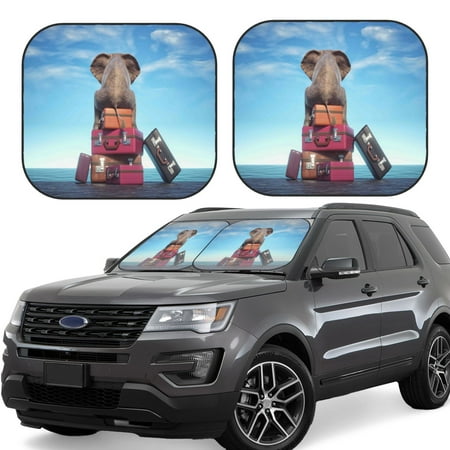 Cauagu Elephant Sits On A Stack Of Luggages Ocean Cauagu {designName} Print Foldable Car Windshield Sun Shade | Front Windshield Shade for Sun | Fits Small Sedans Mini SUVs Hatchbacks-Medium