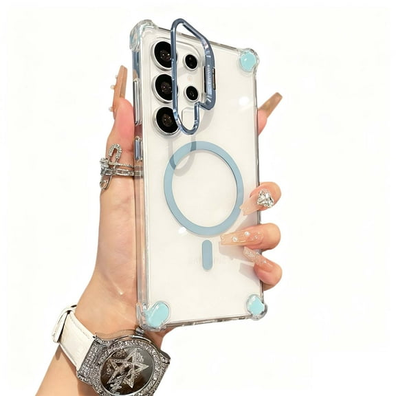 Allytechgroup for Samsung Galaxy S24 Ultra Case with Camera Lens Stand, Compatible with Magsafe Crystal Clear Magnetic Cover Anti-Scratch Not-Yellowing Case for Samsung Galaxy S24 Ultra, Blue