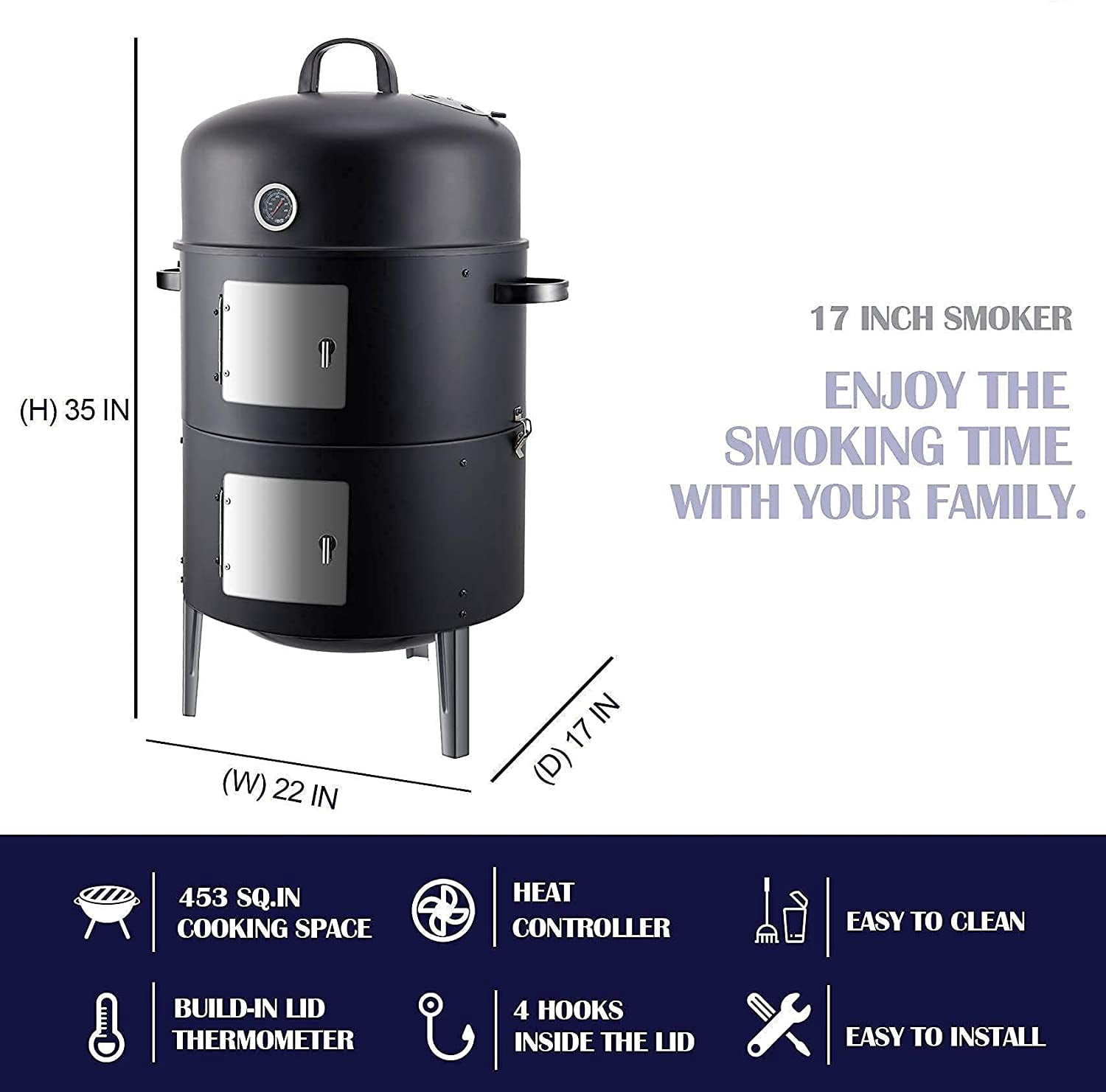 3-in-1 Charcoal BBQ Smoker, Outdoor Grill Cooker with Built-in Thermometer and 6 Ways for Outdoor Backyard Cooking Grilling Camping