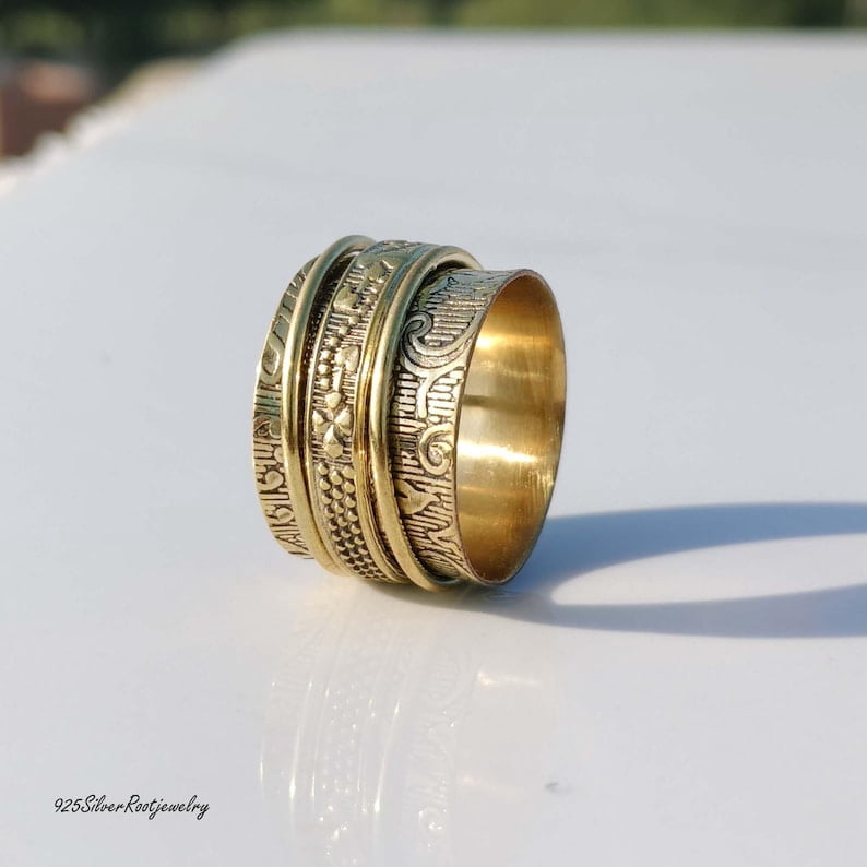 TRIDHA SILVER- Brass Spinner Ring - Wide Band Fidget Spinner Ring with Engraved Brass Band for Stress Relief Jewelry and Anxiety Meditation Focus Tool