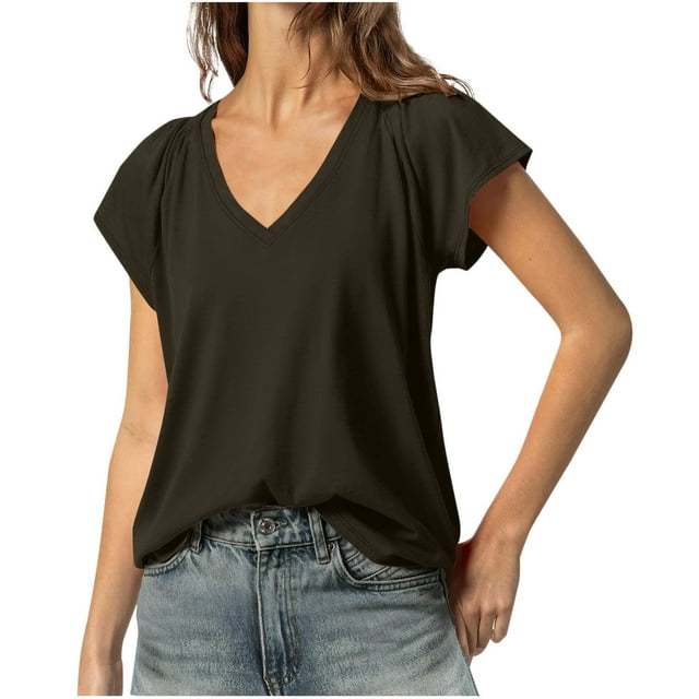 Liquidation! Hauts Grande Taille pour Femmes, Blouse à Manches Courtes d'Été pour Femmes, Blouse Décontractée à Manches Courtes Unie Col en V pour Femmes