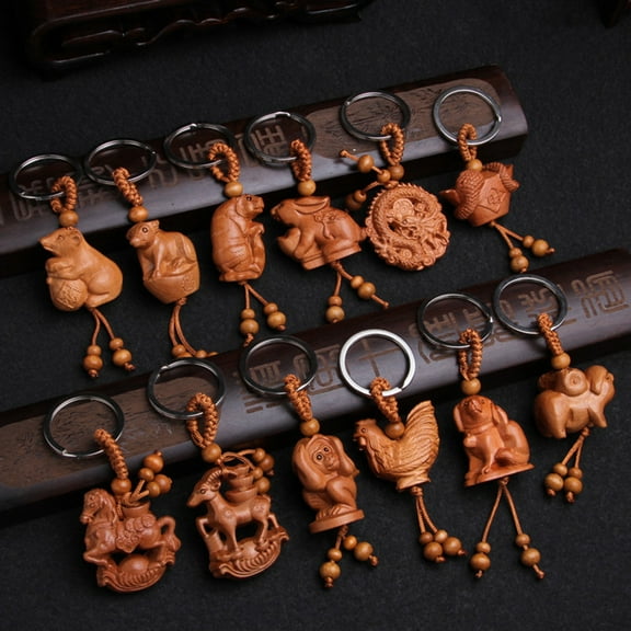 Eosunjian Chinese Zodiac Carving Wooden Pendant Keychain Key Ring Bag Hanging Decor Gift