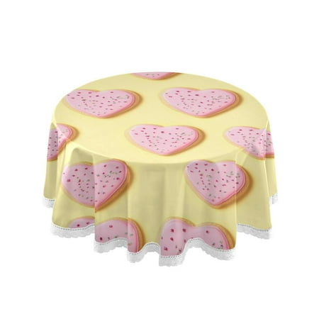 

60 Round Tablecloth with White Lace Trim Wrinkle & Heat-Resistant Table Cover for Dining and Home Decor Pink Heart-shaped Cookies