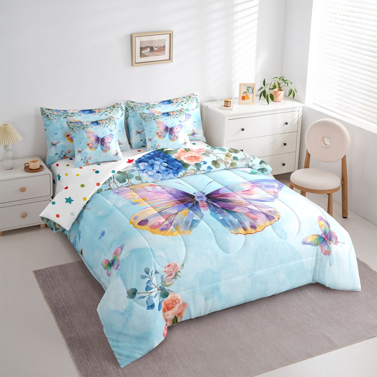 Homewish Kawaii Butterfly 7pcs Bedding Comforter Set,Modern Painting Artistic Queen Bedding Sets,Blue Purple Queen Sheet Sets For Girls Kids,Luxury Bedroom Decor Reversible