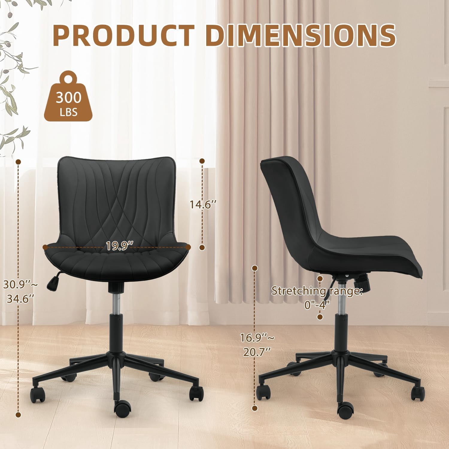 Erinnyees Armless Office Chair, Desk Chair with Wheels, Adjustable and Swivel,Modern Black