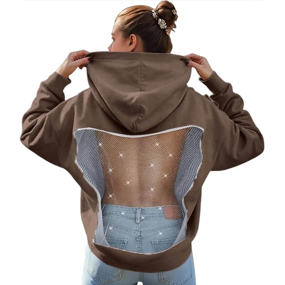 Womens Oversized Hoodies Fall Backless Mesh Hollow Out Long Sleeve with Pocket Winter Fashion Hooded Sweatshirts