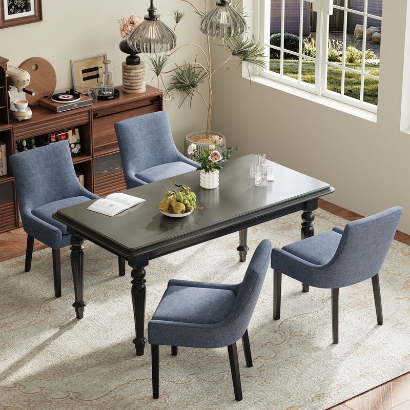 COLAMY Modern Dining Chairs Set of 4, Upholstered Corduroy Accent Side Leisure Chairs with Mid Back and Wood Legs for Living Room/Dining Room-Blue