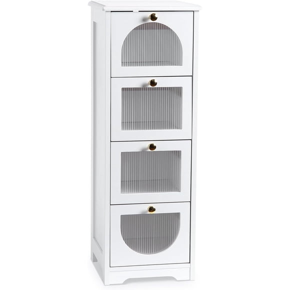 Small Bathroom Floor Cabinet, Freestanding Bathroom Organizer and Storage Cabinet with 4 Drawers, 33" Slim Wooden Storage Cabinet for Narrow Spaces Bedroom Living Room, White