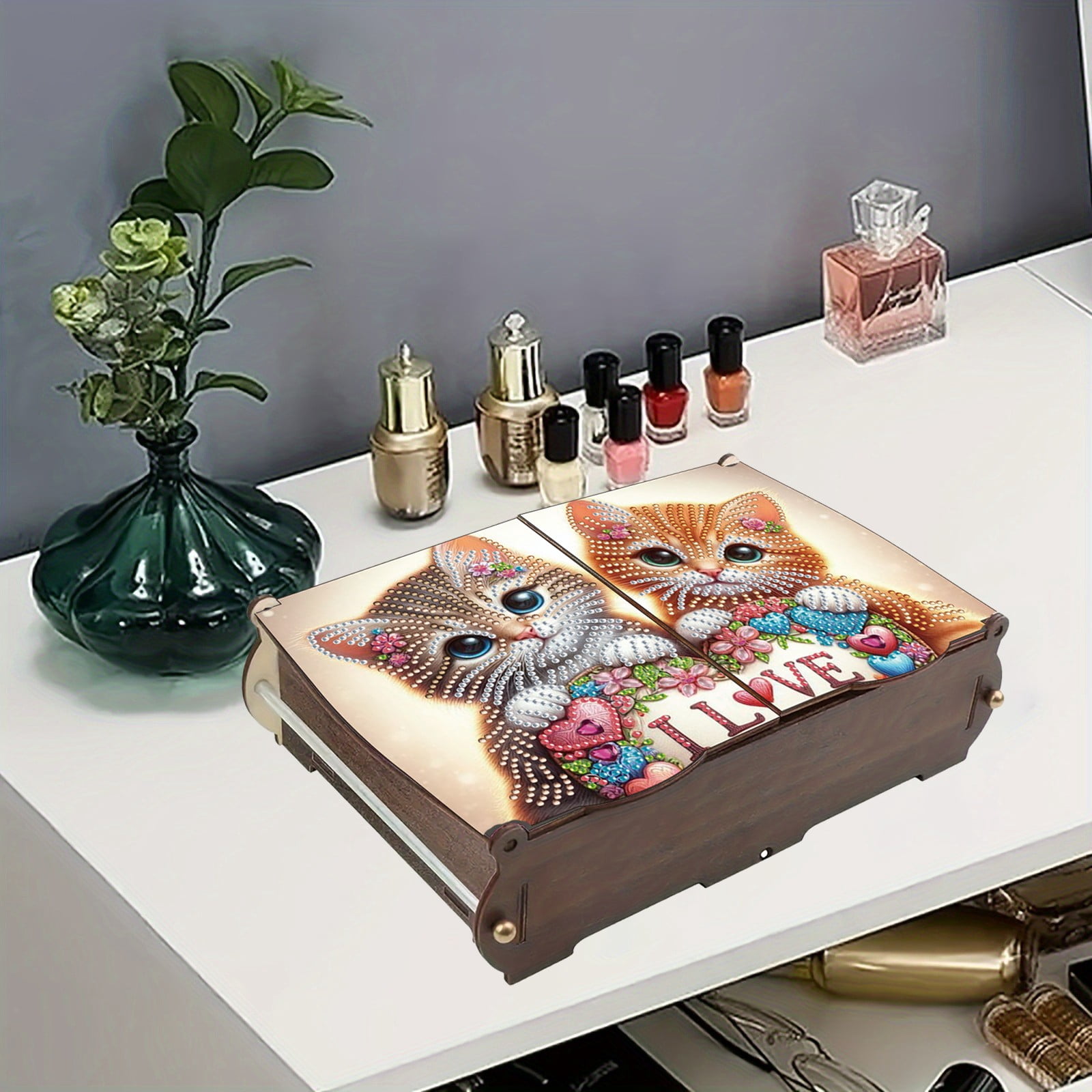 FLOPESN DIY Diamond Art Painting Jewelry Box,Creative Design Wooden Lid Rectangular Storage Case for Home Decor-Cat-1