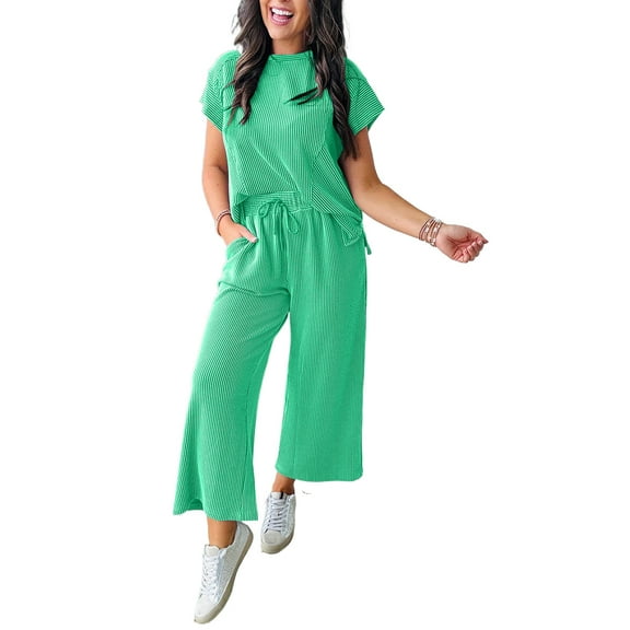 Bright Green Solid Corded Knit Short Sleeve T-Shirt and Wide Leg Pants Set for Women | [ZhiHiMeRi] | (US 12-14)L