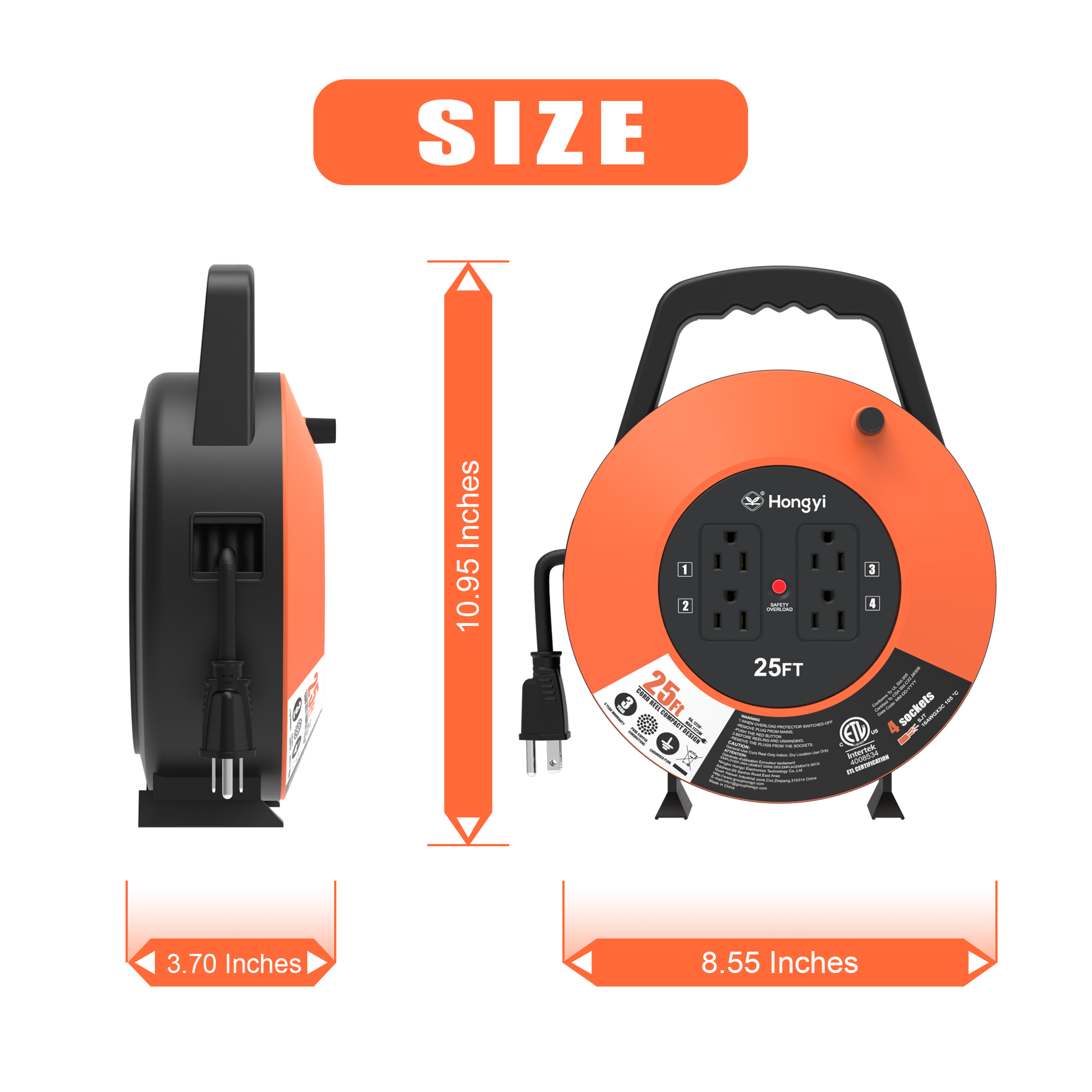Hongyi 25 ft Extension Cord Reel with 4 Outlets photo 8