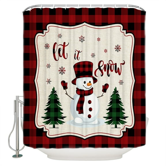 Christmas Snowman Shower Curtain, 72" x 72", and Snowflake Red and Black Buffalo Plaid Waterproof Bathroom Curtain Washable Shower Curtain Set with 12 Hooks