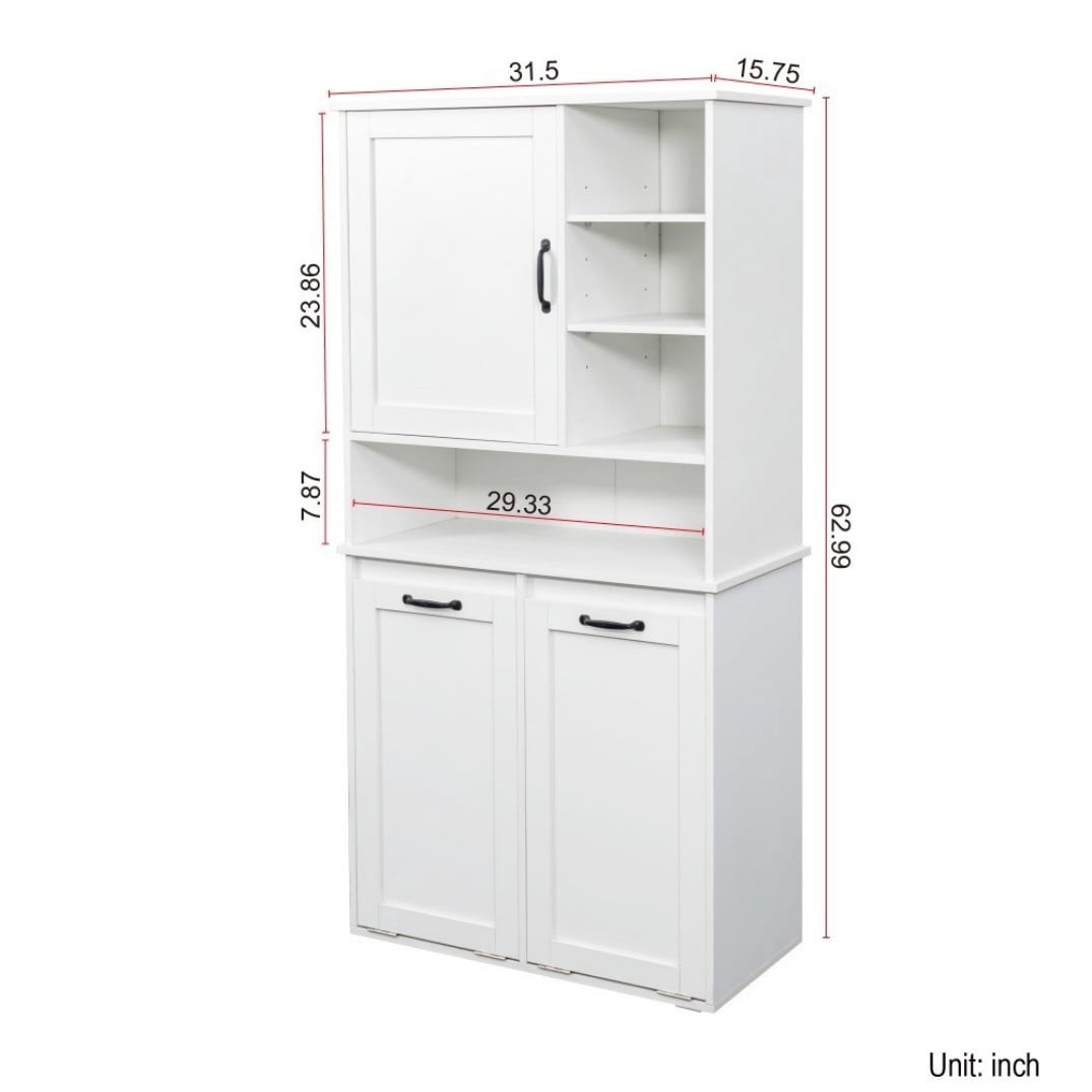 63"H Laundry Cabinet with 2 Tilt-Out Hampers, Doors, Adjustable Shelves and Open Storage, Freestanding Laundry Hamper Cabinet for Bathroom, White